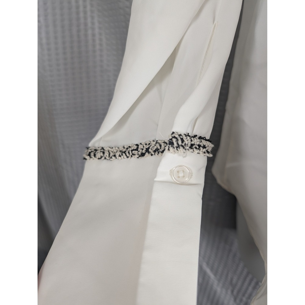 Adrianna Papell Womens Ivory Tweed Trim Button-Up Blouse L/XL Ivory Black Top - Picture 7 of 15